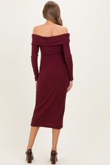 Burgundy Knit Off Shoulder Bow Detail Maternity Midi Dress