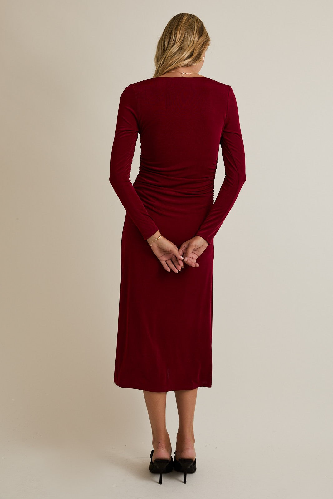 Burgundy Square Neck Long Sleeve Ruched Midi Dress