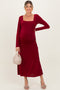 Burgundy Square Neck Long Sleeve Ruched Maternity Midi Dress