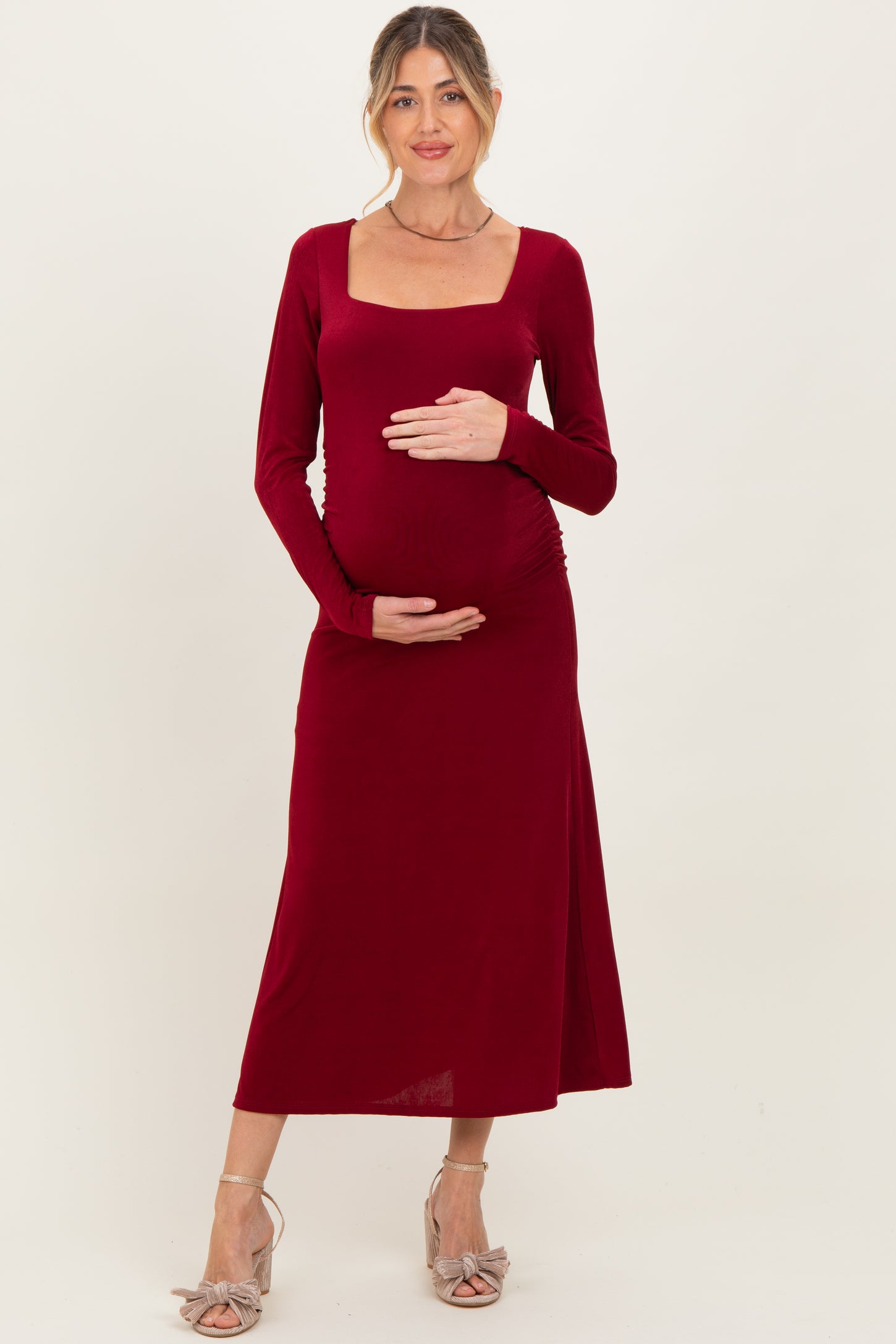 Burgundy Square Neck Long Sleeve Ruched Maternity Midi Dress