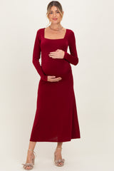 Burgundy Square Neck Long Sleeve Ruched Maternity Midi Dress