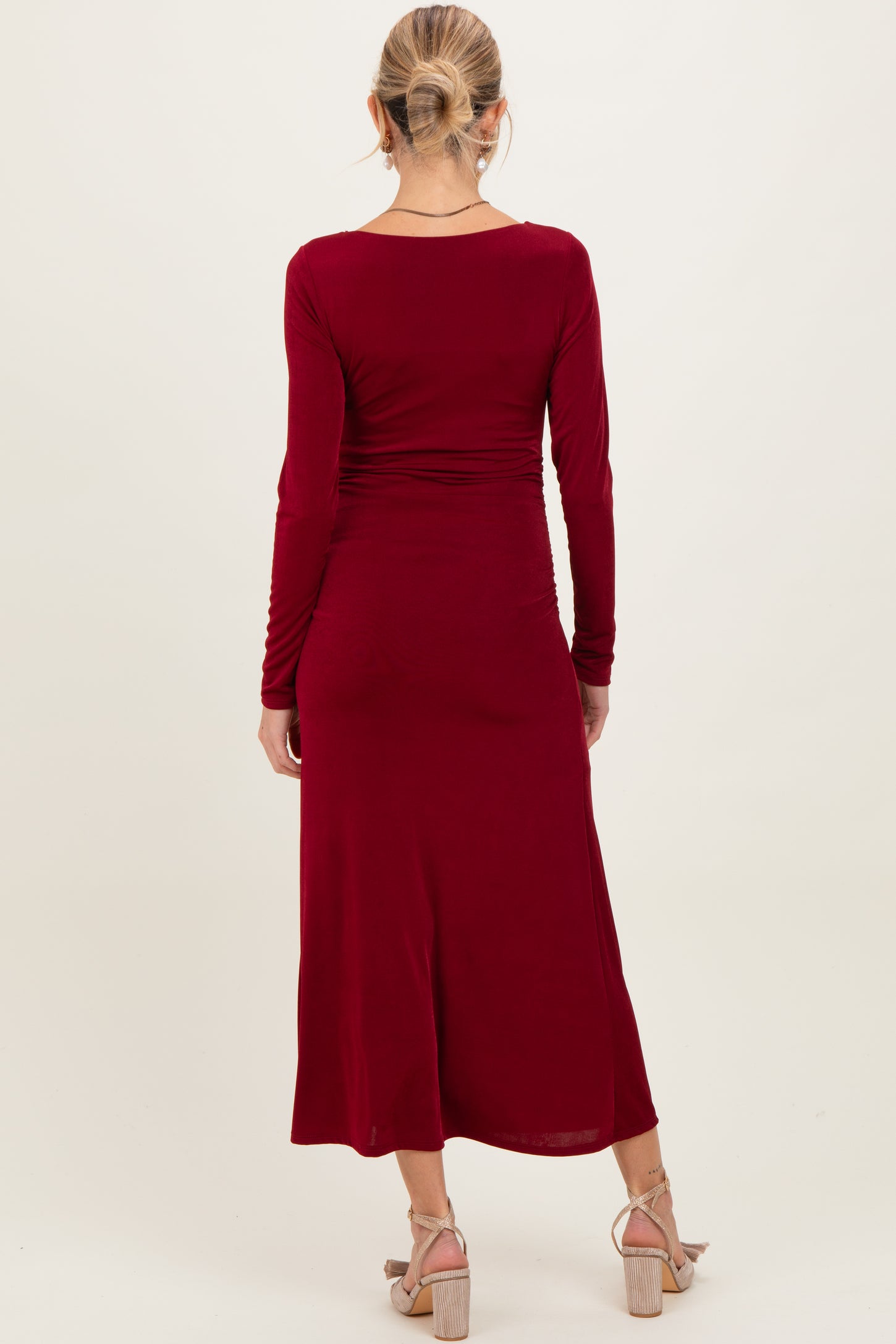 Burgundy Square Neck Long Sleeve Ruched Maternity Midi Dress