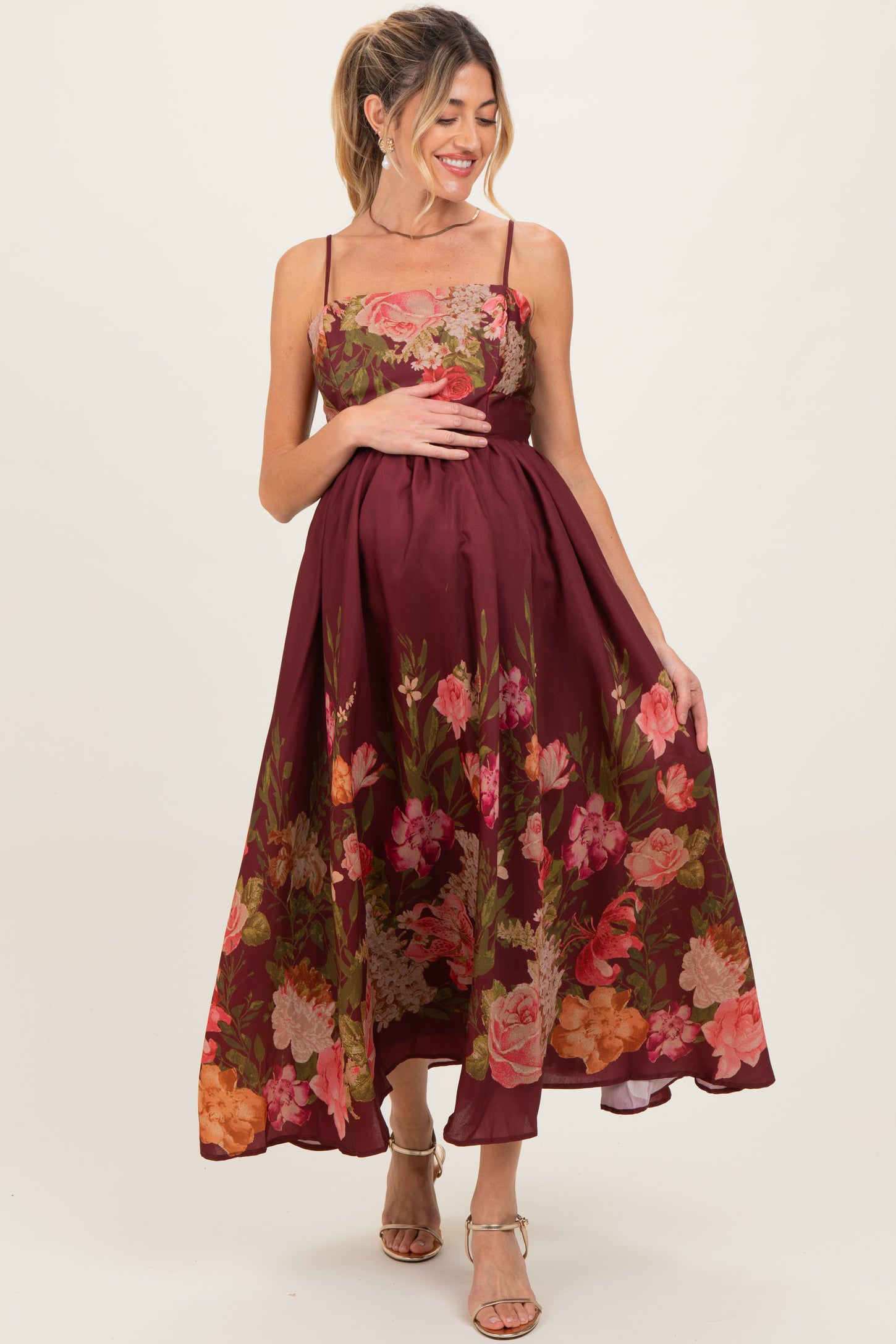 Burgundy Floral Thin Strap Maternity Maxi Dress