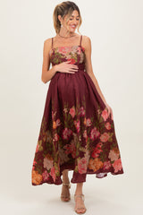 Burgundy Floral Thin Strap Maternity Maxi Dress