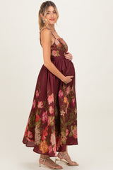 Burgundy Floral Thin Strap Maternity Maxi Dress