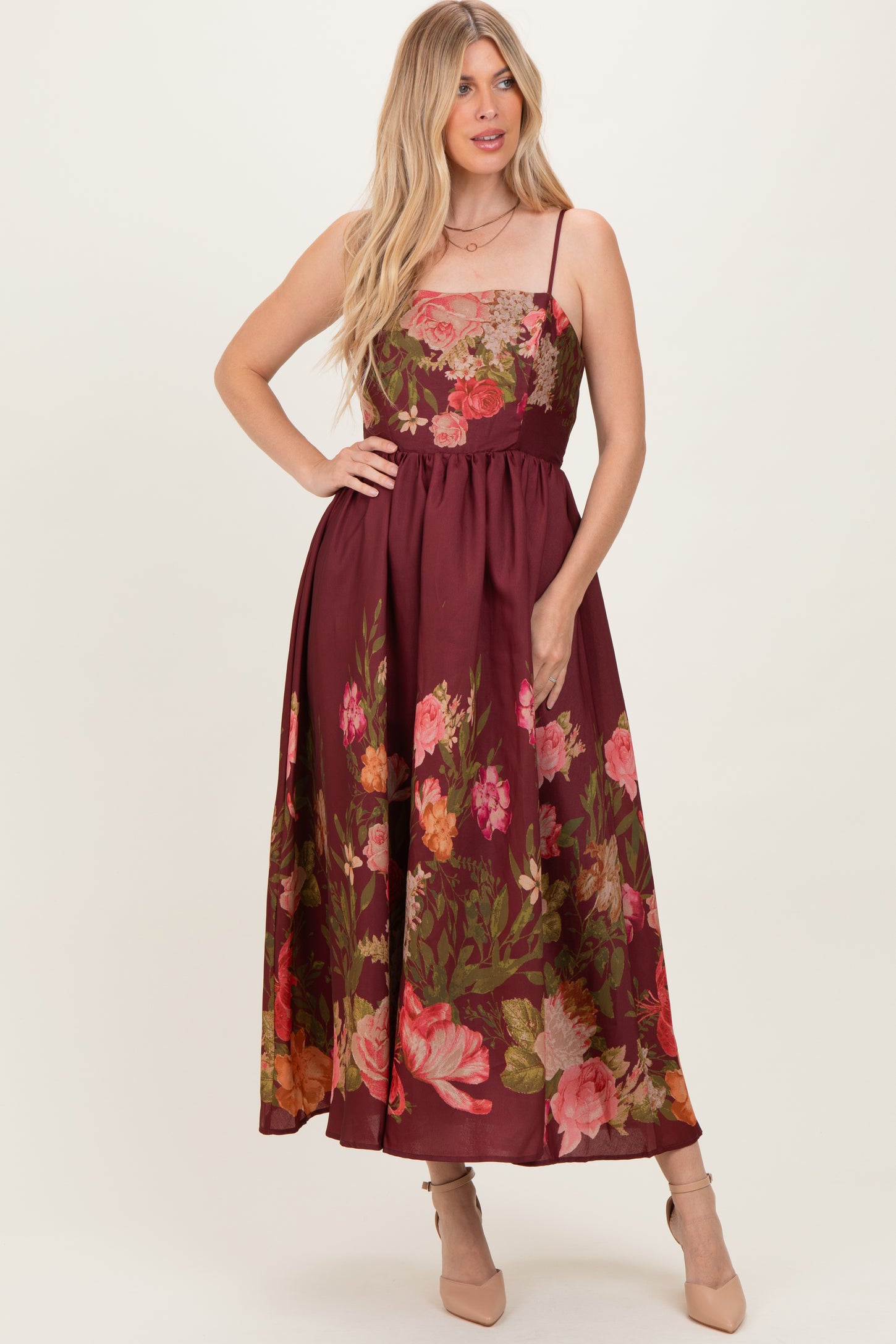 Burgundy Floral Thin Strap Maxi Dress Burgundy Floral Thin Strap Maxi Dress