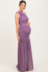Dark Lavender Ruched Mesh One Shoulder Maternity Maxi Dress