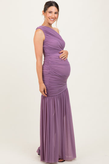 Dark Lavender Ruched Mesh One Shoulder Maternity Maxi Dress