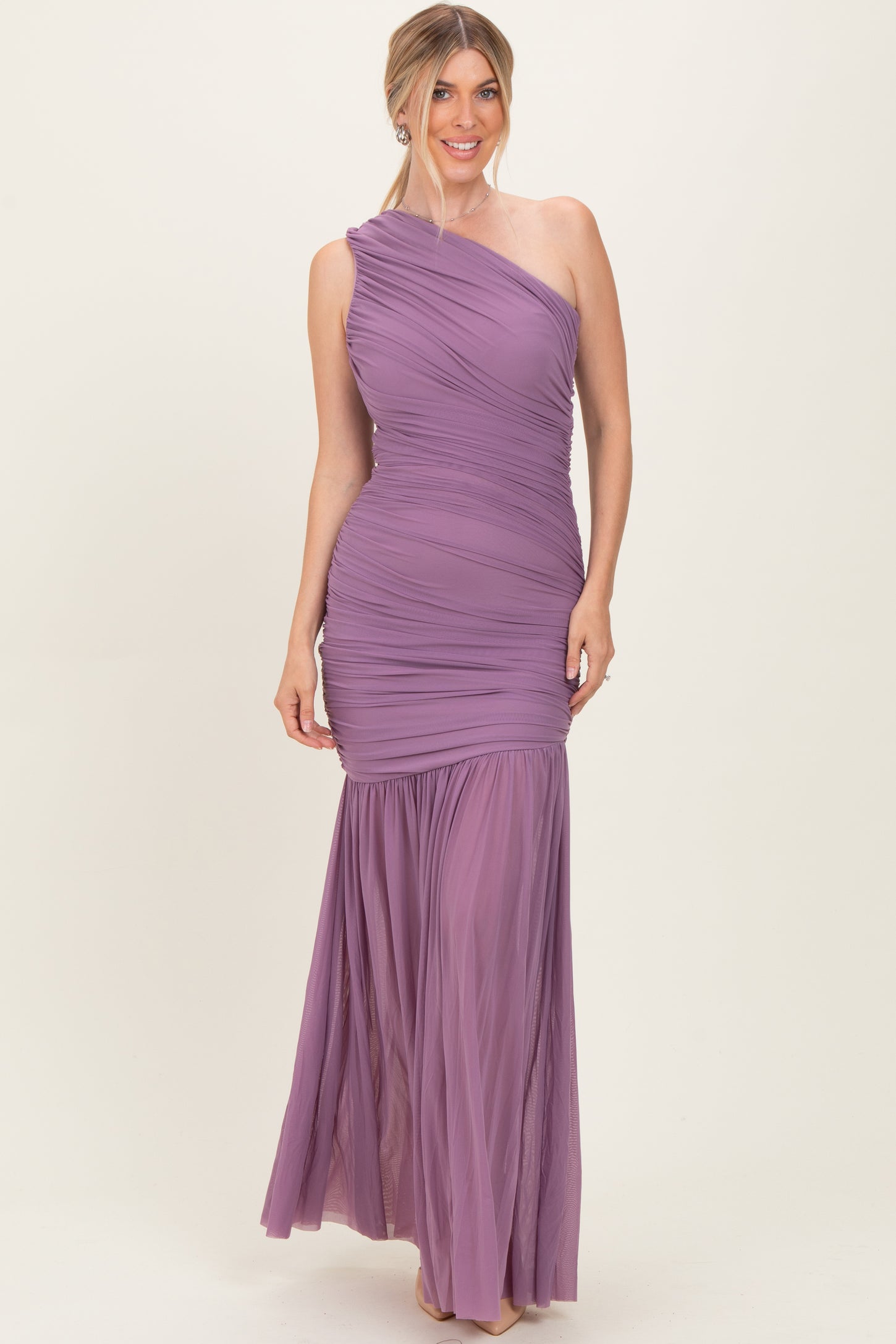 Dark Lavender Ruched Mesh One Shoulder Maternity Maxi Dress PinkBlush Dark Lavender Ruched Mesh One Shoulder Maternity Maxi Dress PinkBlush