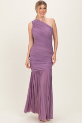 Dark Lavender Ruched Mesh One Shoulder Maternity Maxi Dress