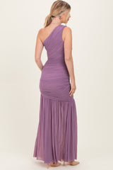 Dark Lavender Ruched Mesh One Shoulder Maxi Dress