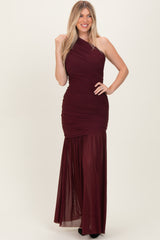 Dark Burgundy Ruched Mesh One Shoulder Maternity Maxi Dress