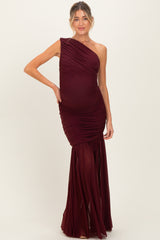 Dark Burgundy Ruched Mesh One Shoulder Maternity Maxi Dress