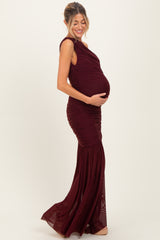 Dark Burgundy Ruched Mesh One Shoulder Maternity Maxi Dress
