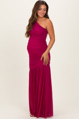 Deep Magenta Ruched Mesh One Shoulder Maternity Maxi Dress