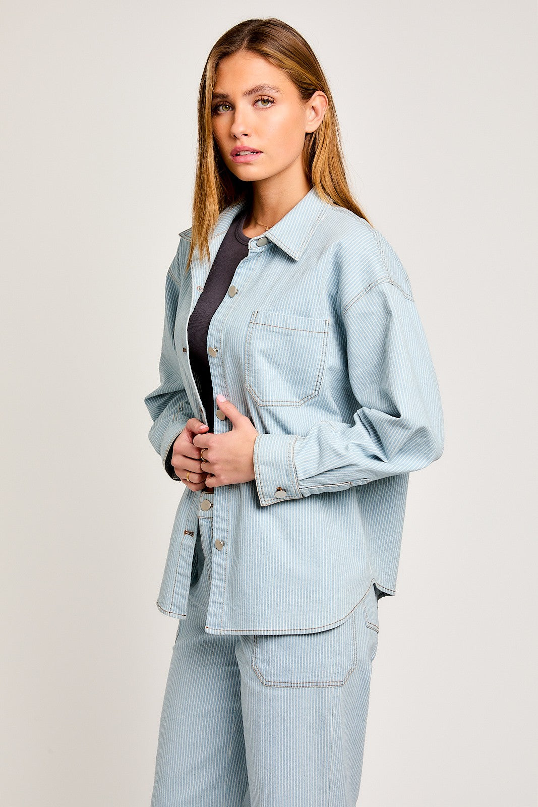 Denim-White Stripe Oversized Shacket