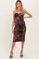 Pink Brown Tube Ruching Midi Maternity Dress