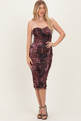 Pink Brown Tube Ruching Midi Dress