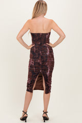 Pink Brown Tube Ruching Midi Dress