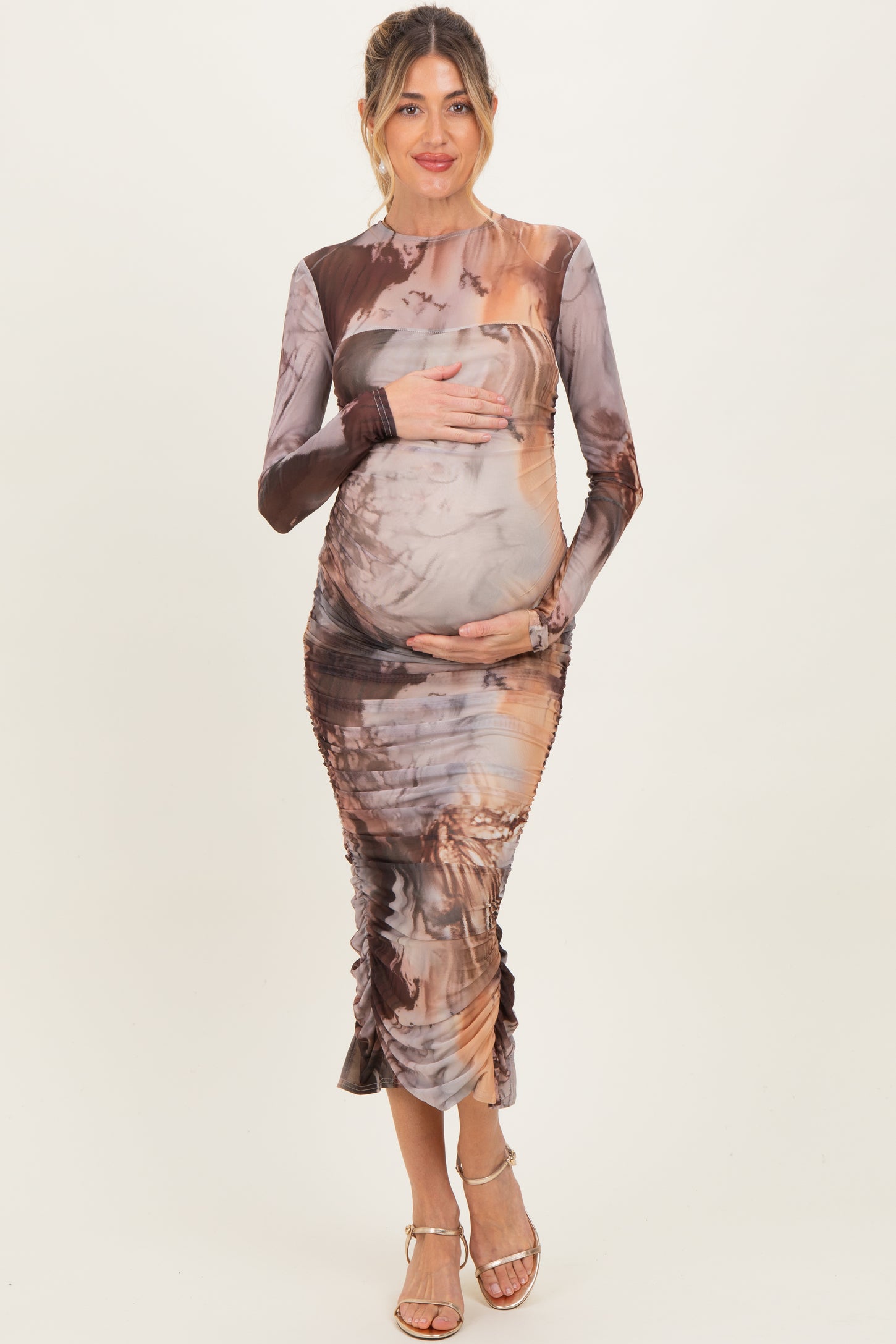 Pink Brown Ruching Midi Maternity Dress