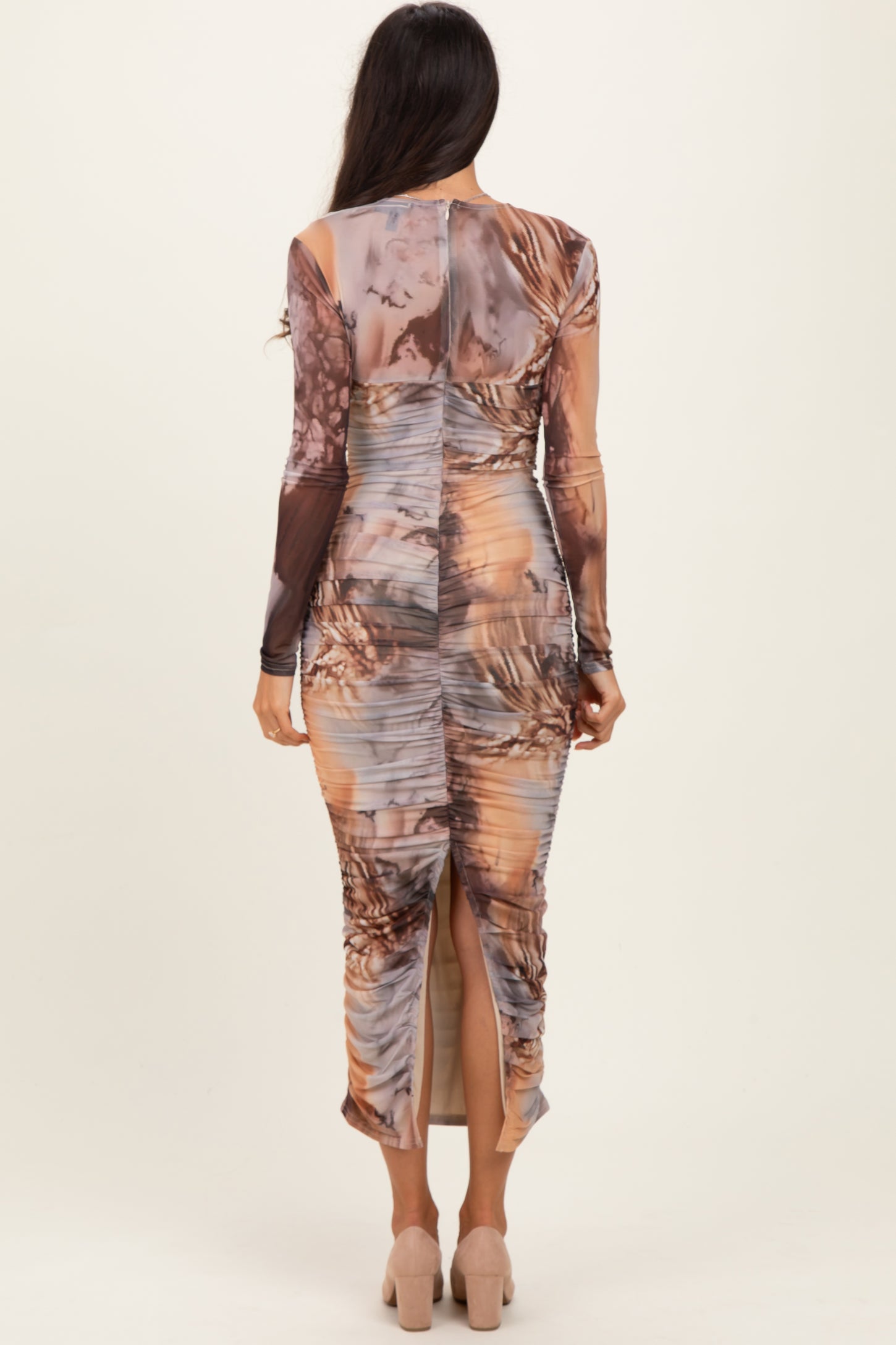 Pink Brown Ruching Midi Dress