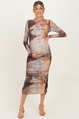 Pink Brown Ruching Midi Maternity Dress