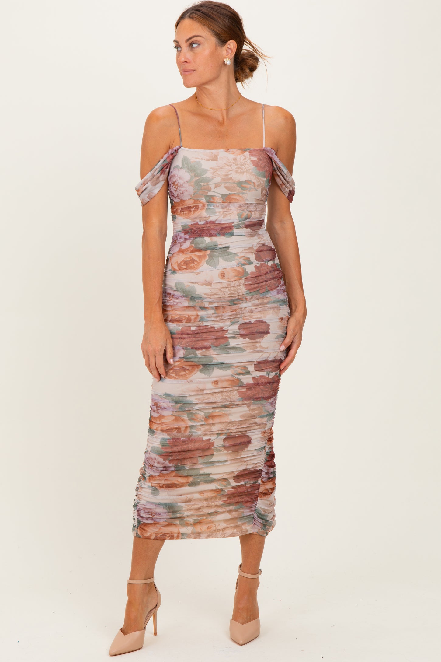 floral ruched midi dress Lulus | Pink Print Sleeveless | Womens | X-Small (Available in S, M, L, XL) scale floral print as it shapes this flirty dress with adjustable spaghetti straps that support a straight neckline and a fitted bodice Lost In Love Floral Ruched