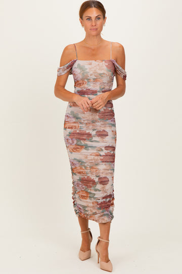 Taupe Floral Ruched Midi Dress