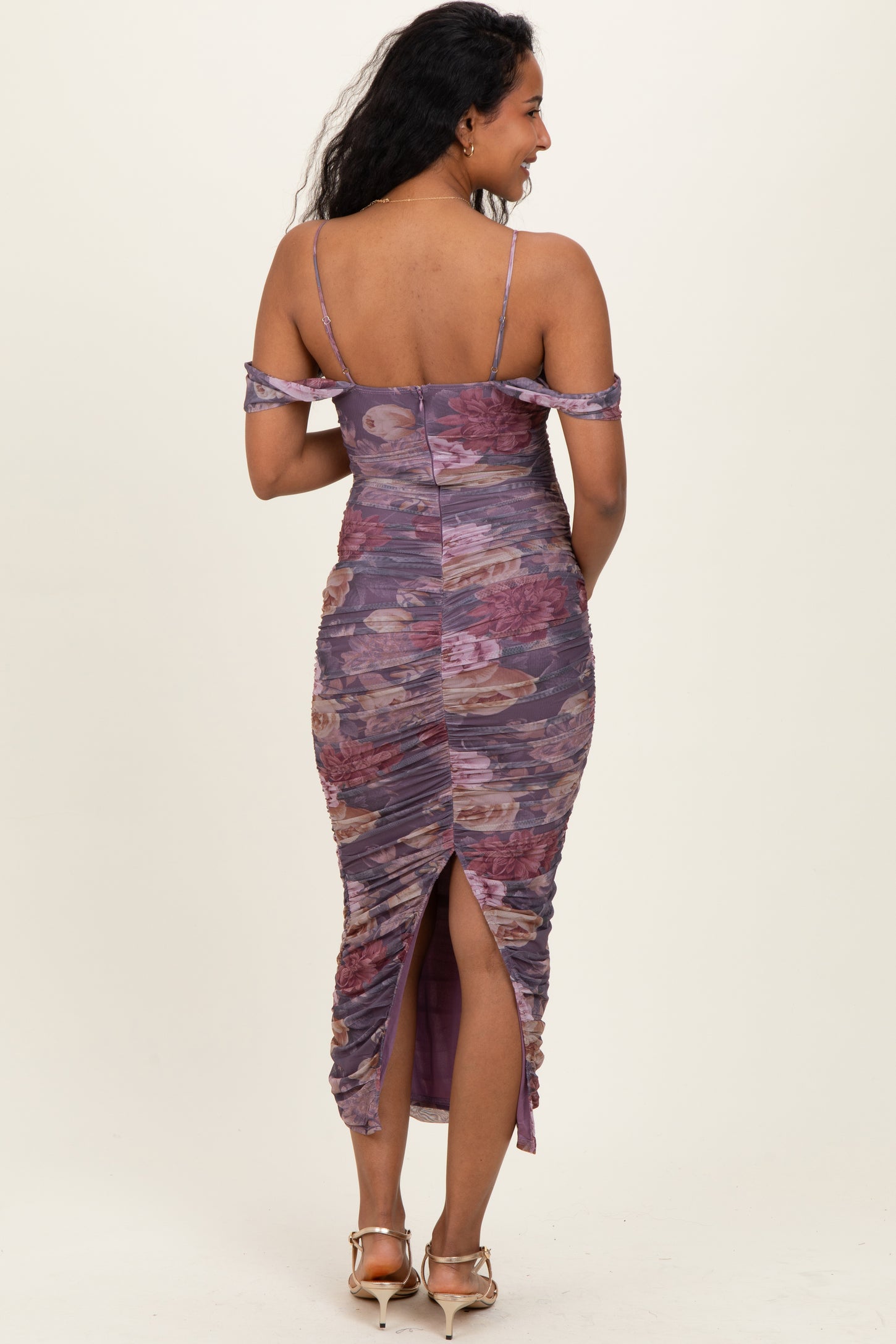 Lavender Floral Ruched Midi Maternity Dress