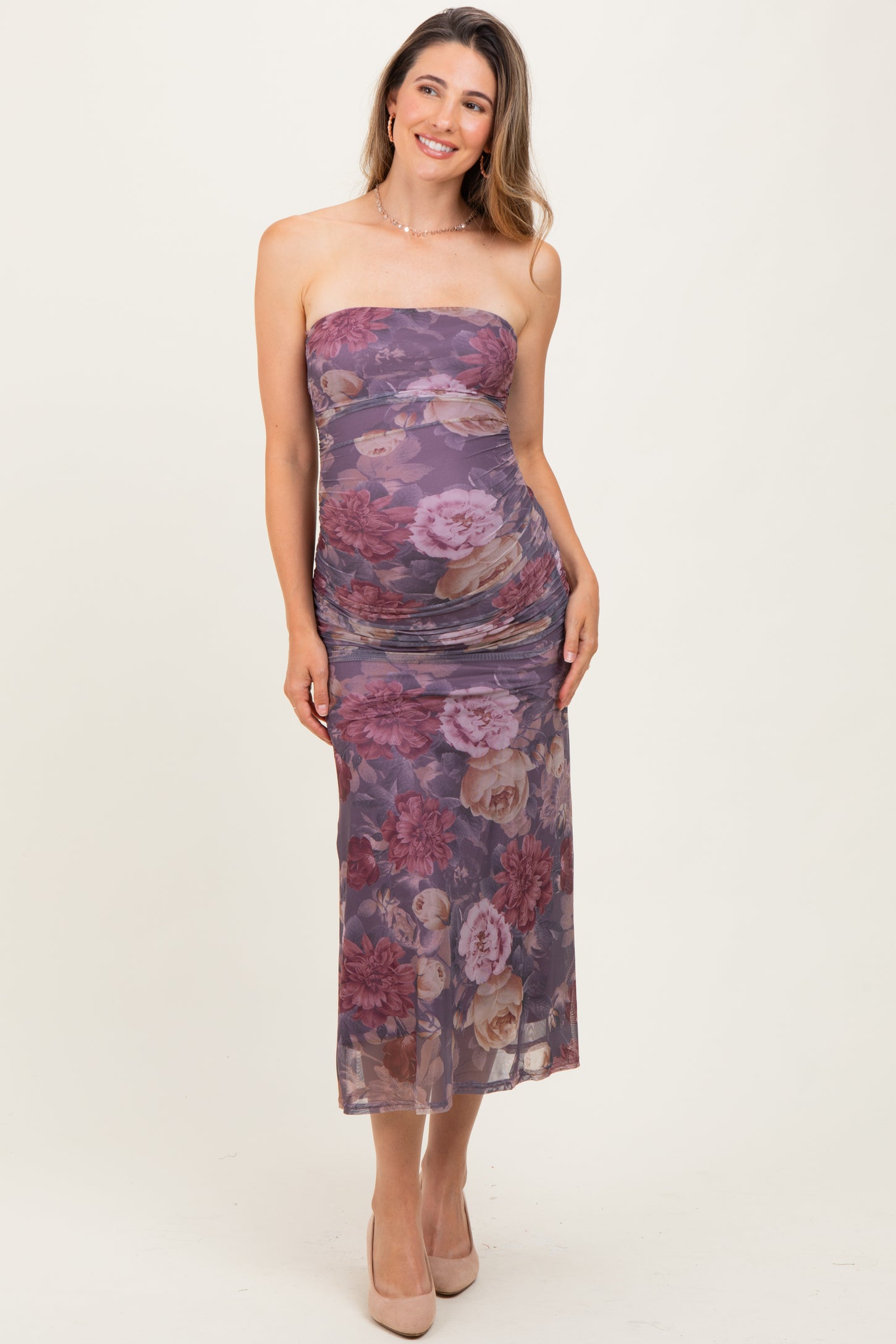 Lavender Floral Strapless Ruched Midi Maternity Dress PinkBlush Lavender Floral Strapless Ruched Midi Maternity Dress PinkBlush
