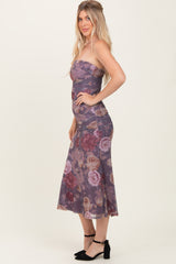 Lavender Floral Strapless Ruched Midi Dress