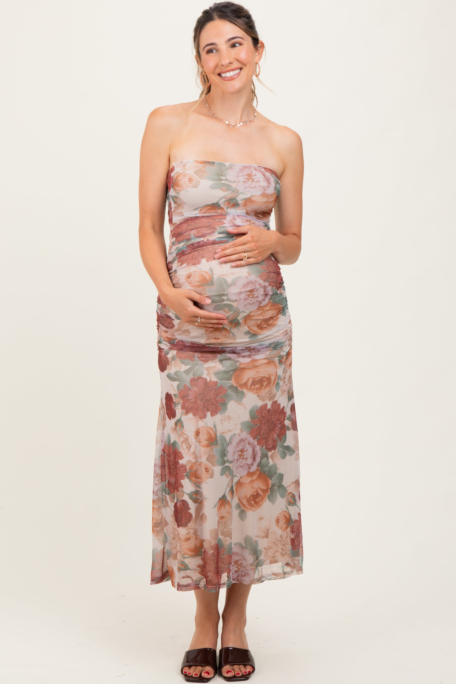 Taupe Floral Strapless Ruched Midi Maternity Dress
