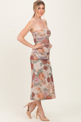 Taupe Floral Strapless Ruched Midi Dress