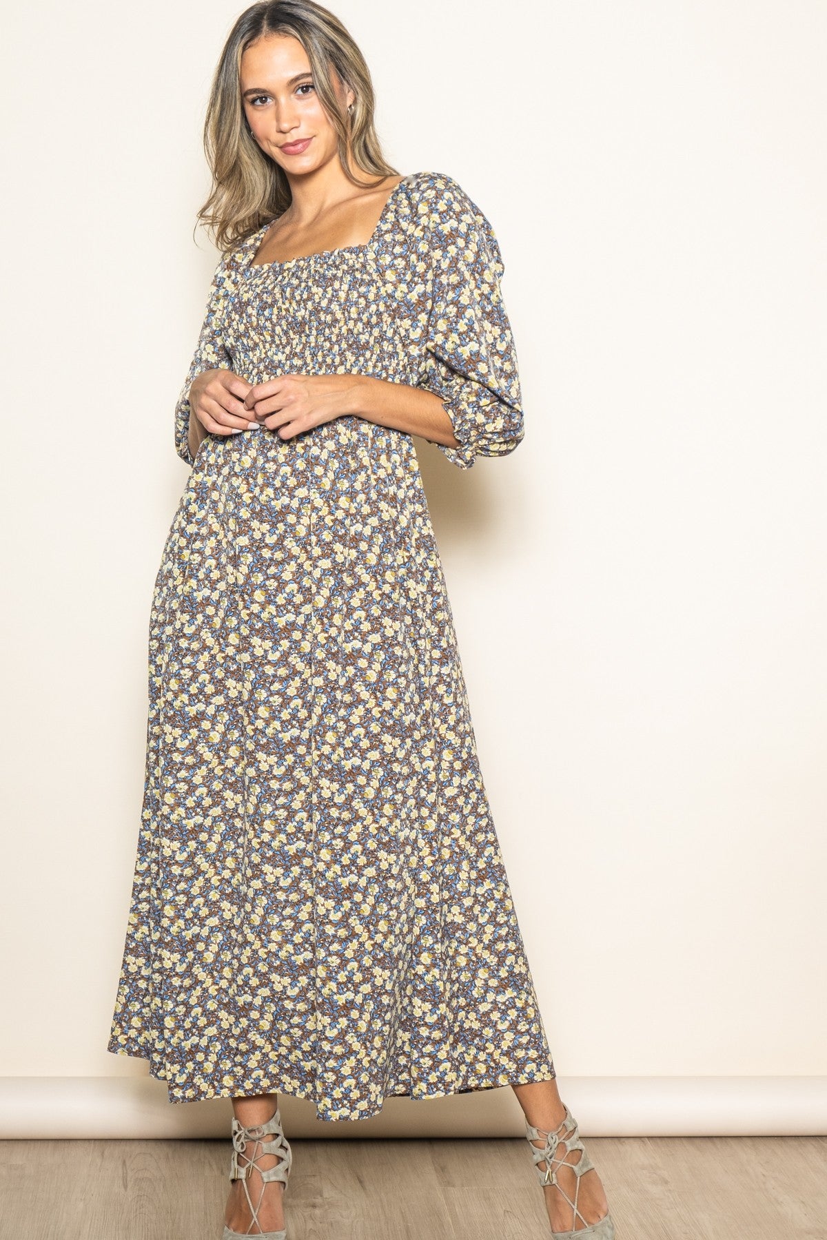 Chestnut Floral Print Smocked Bodice Maxi Dress