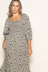 Chestnut Floral Print Smocked Bodice Maxi Dress