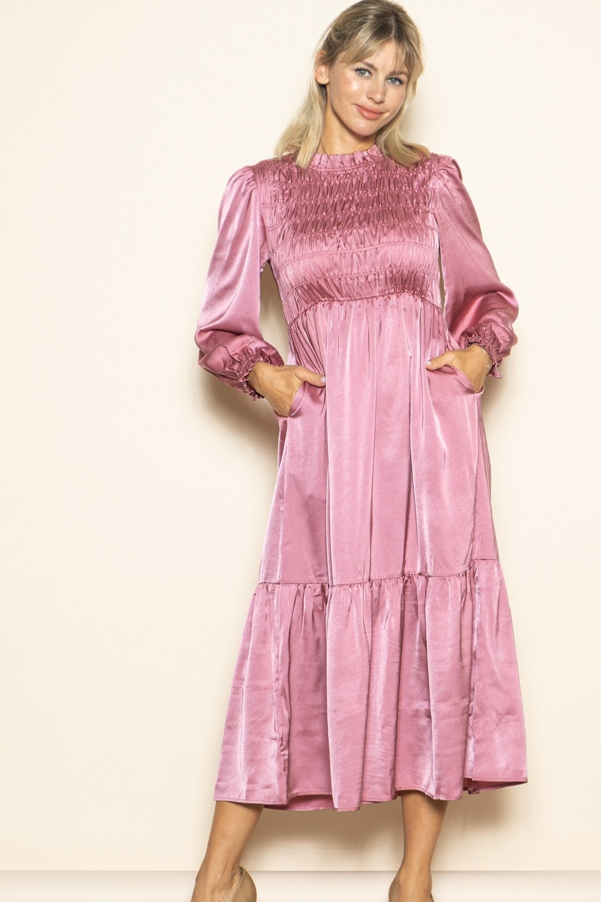 Mauve Mock Neck Satin Smocked Chest Dress