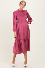 Mauve Mock Neck Satin Smocked Chest Maternity Dress