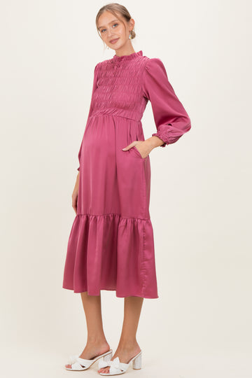 Mauve Mock Neck Satin Smocked Chest Maternity Dress