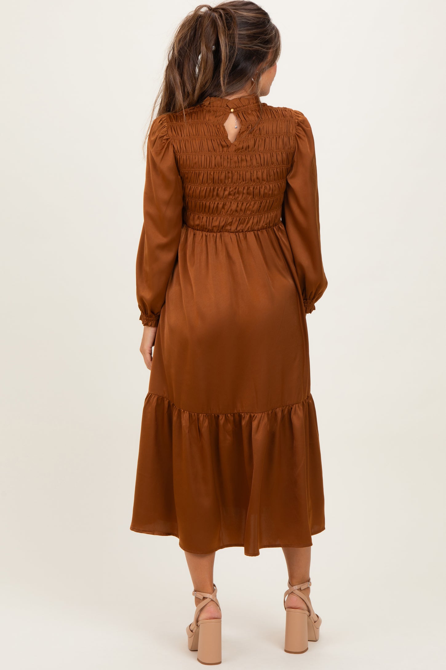 Mocha Mock Neck Satin Smocked Chest Maternity Dress