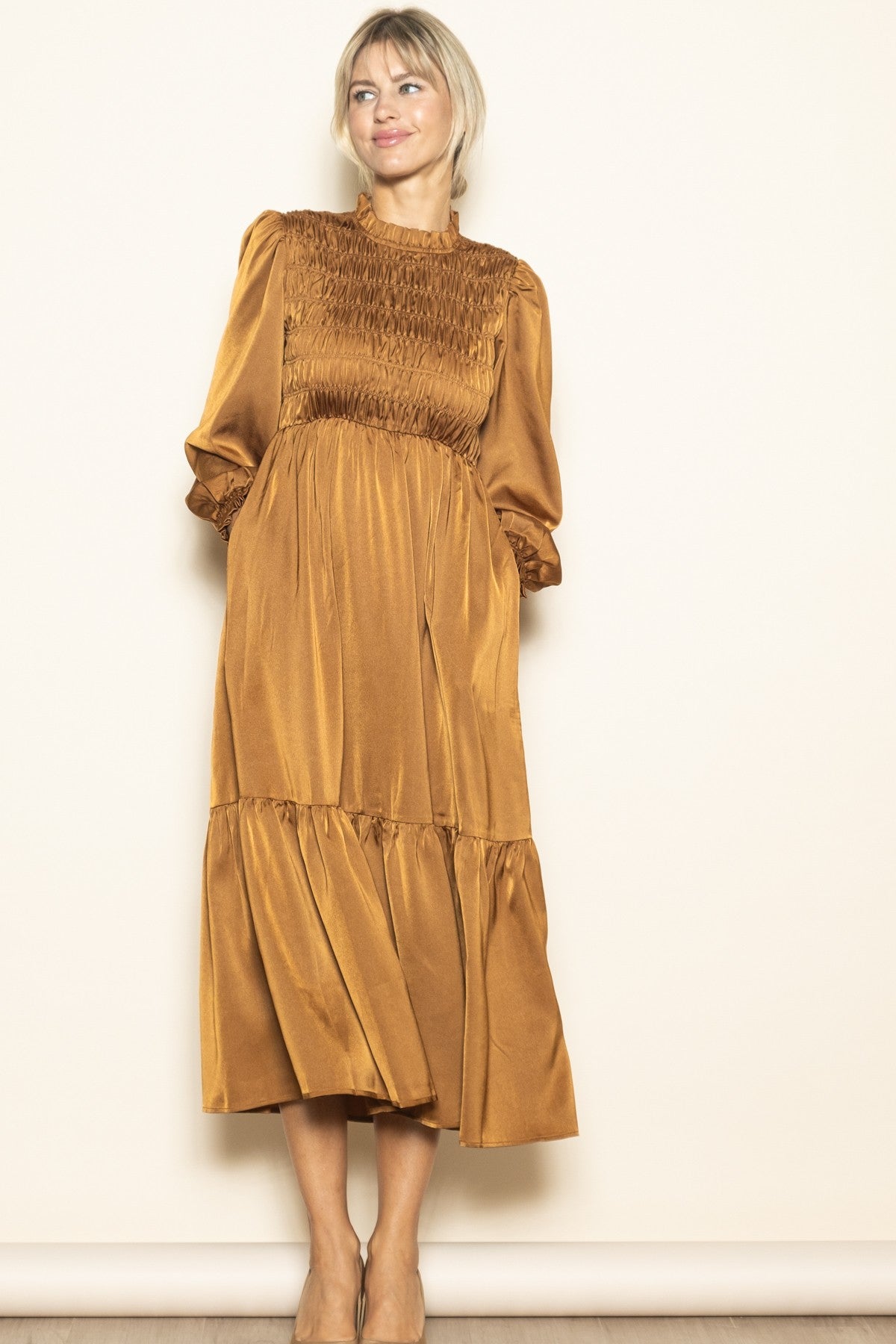 Mocha Mock Neck Satin Smocked Chest Dress