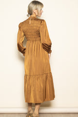 Mocha Mock Neck Satin Smocked Chest Dress
