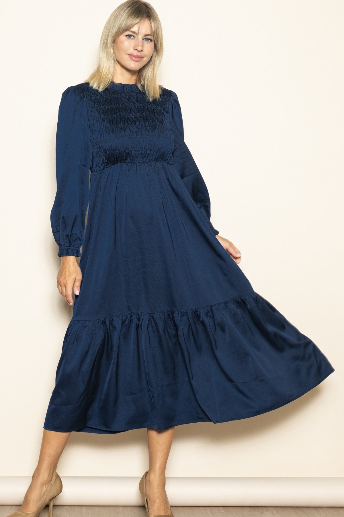 Navy Mock Neck Satin Smocked Chest Dress