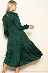 Forest Green Mock Neck Satin Smocked Chest Dress
