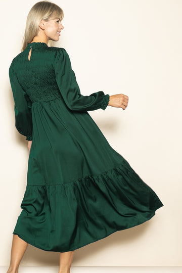 Forest Green Mock Neck Satin Smocked Chest Dress