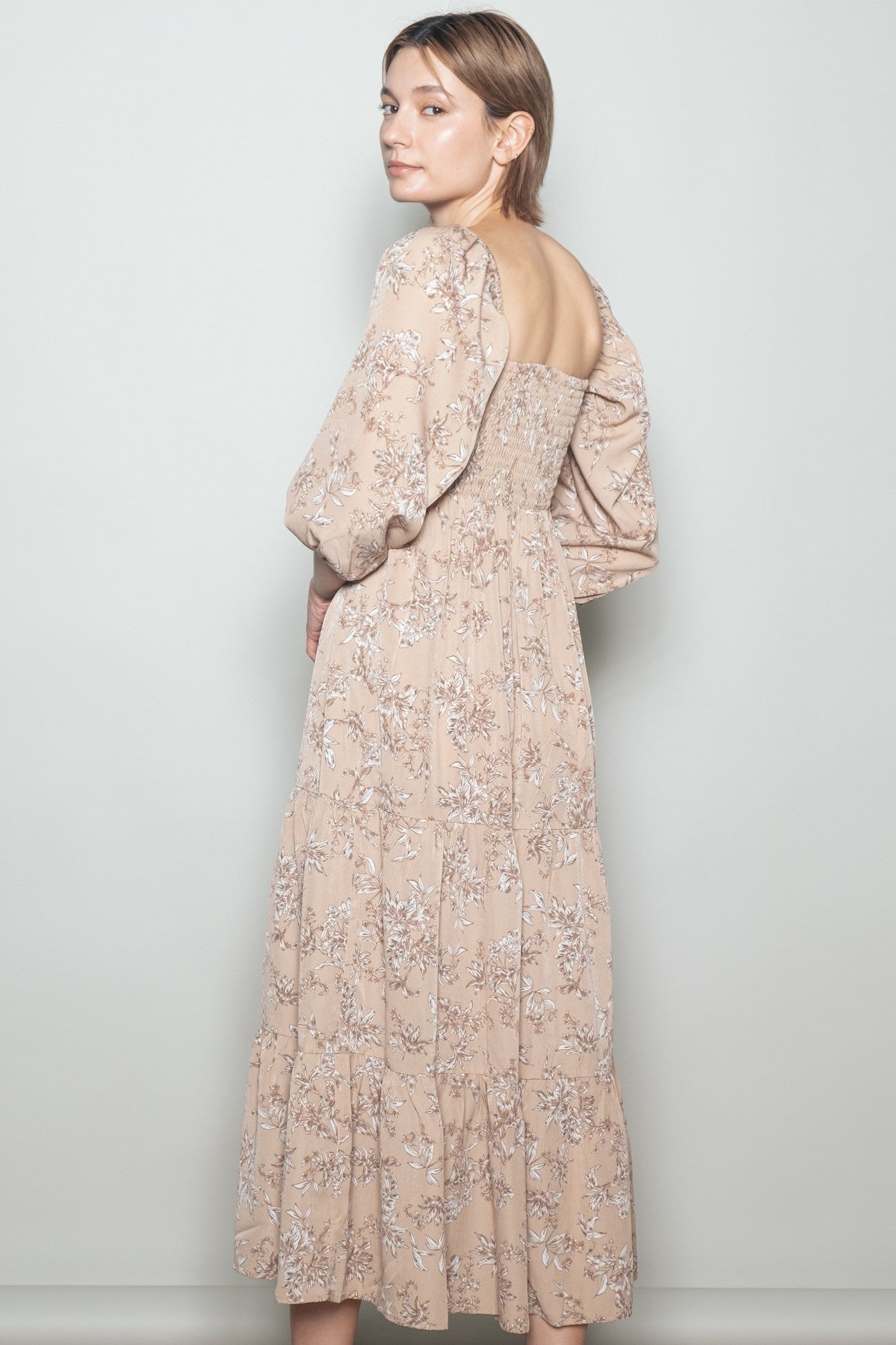 Beige Antique Floral Neck Maxi Dress
