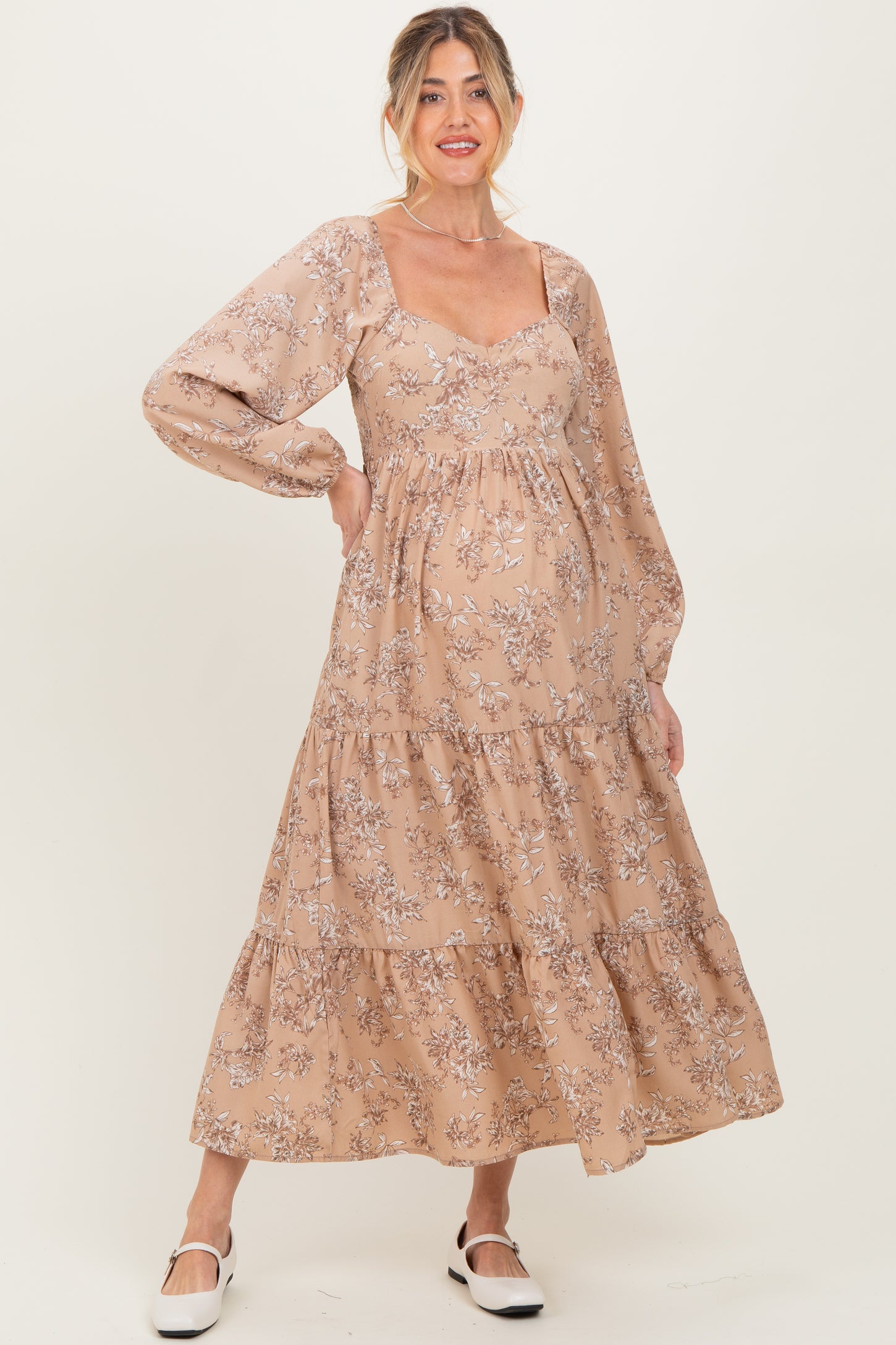 Beige Antique Floral Neck Maternity Maxi Dress
