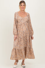 Beige Antique Floral Neck Maternity Maxi Dress