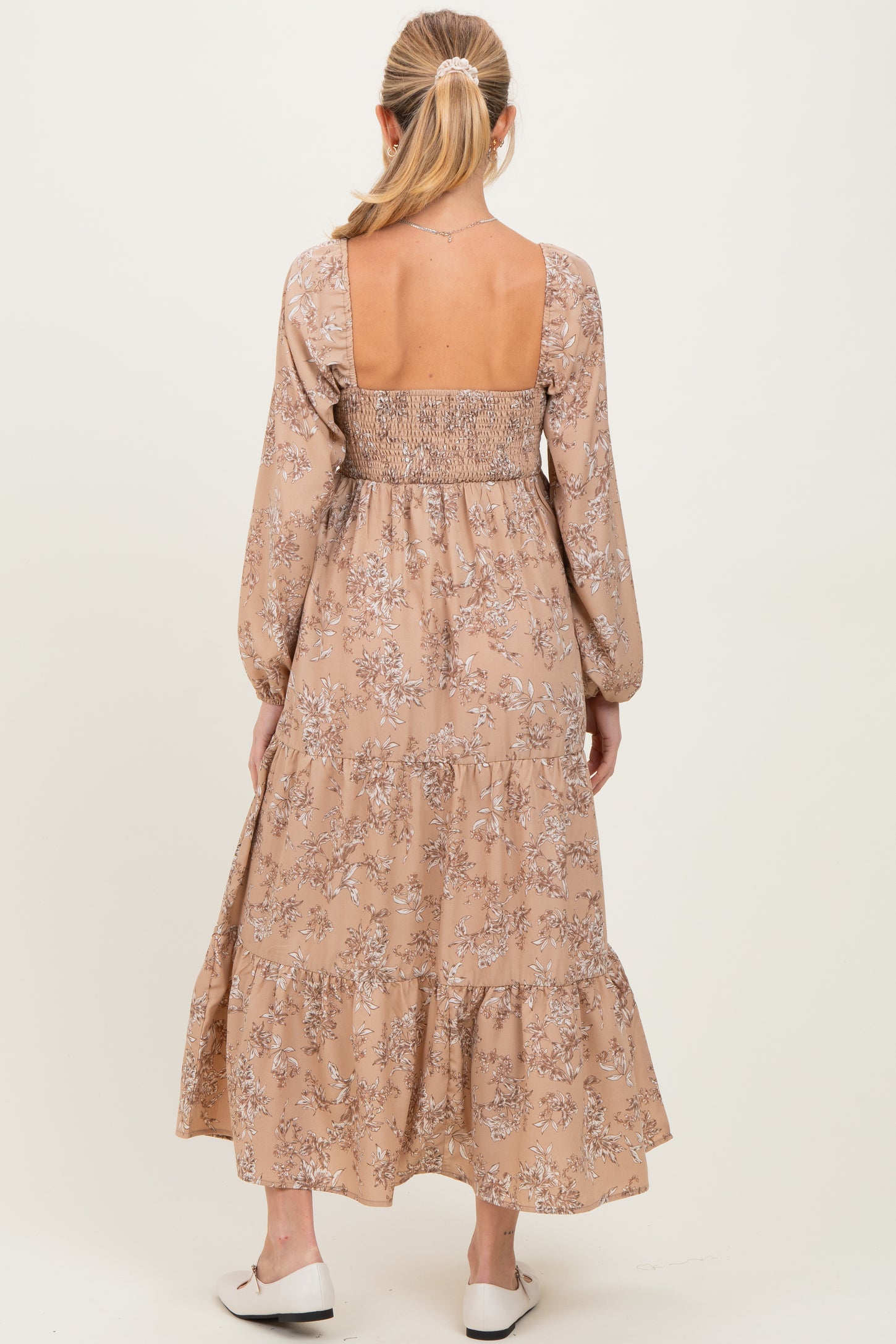 Beige Antique Floral Neck Maternity Maxi Dress