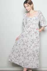 White Grey Antique Floral Neck Maxi Dress