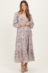 White Grey Antique Floral Neck Maternity Maxi Dress